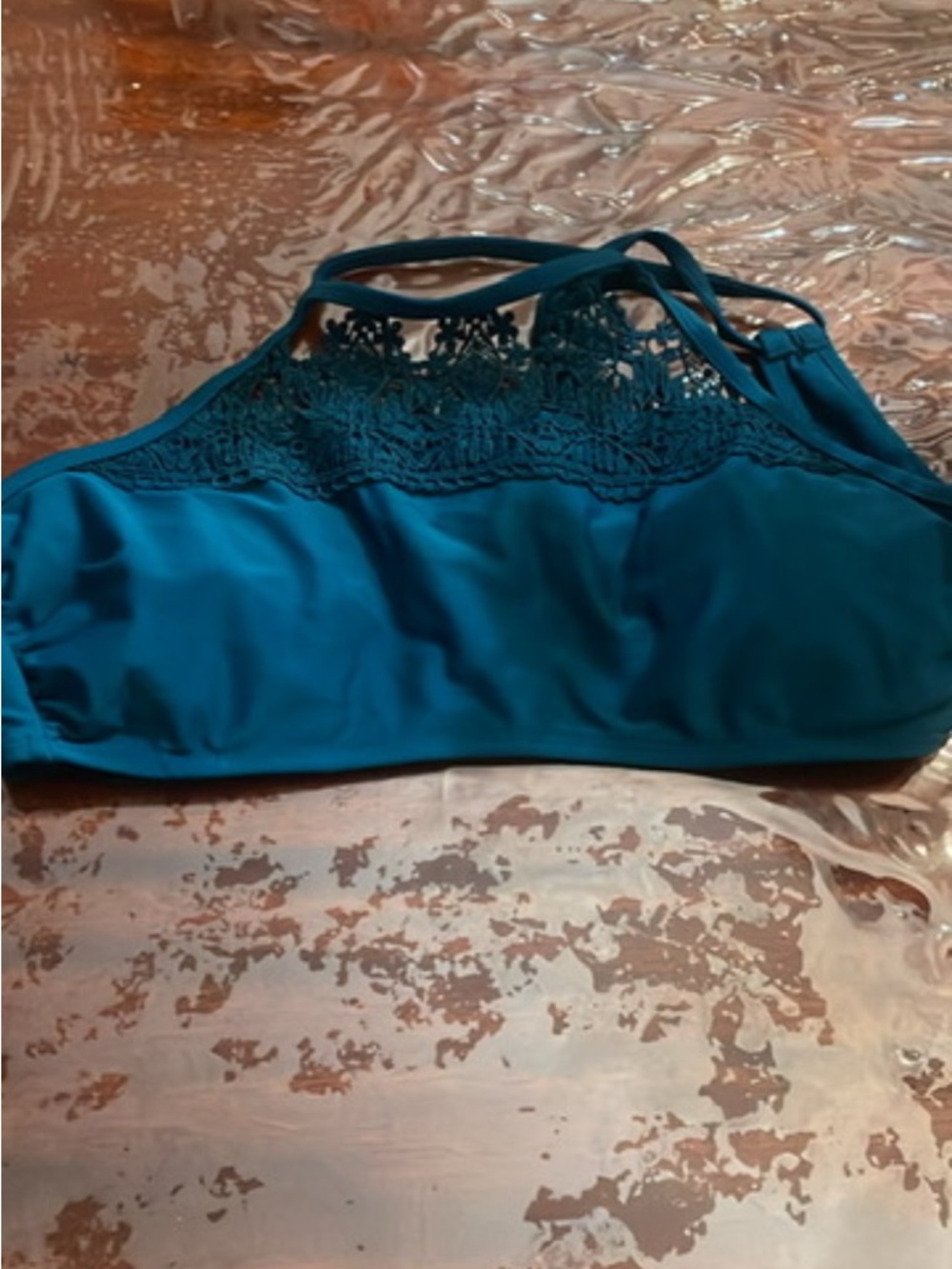No Boundaries Teal Crochet High Neck Bikini Top